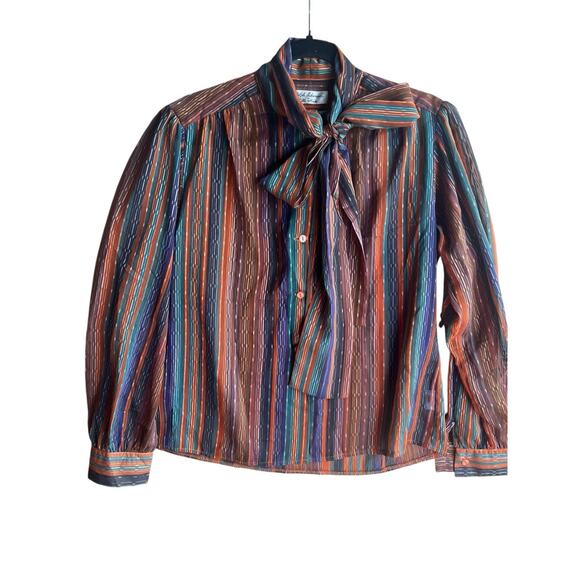 Vintage Adolph Schuman for Lilli Ann Bow Retro Secretary Striped Blouse LARGE - Picture 1 of 11